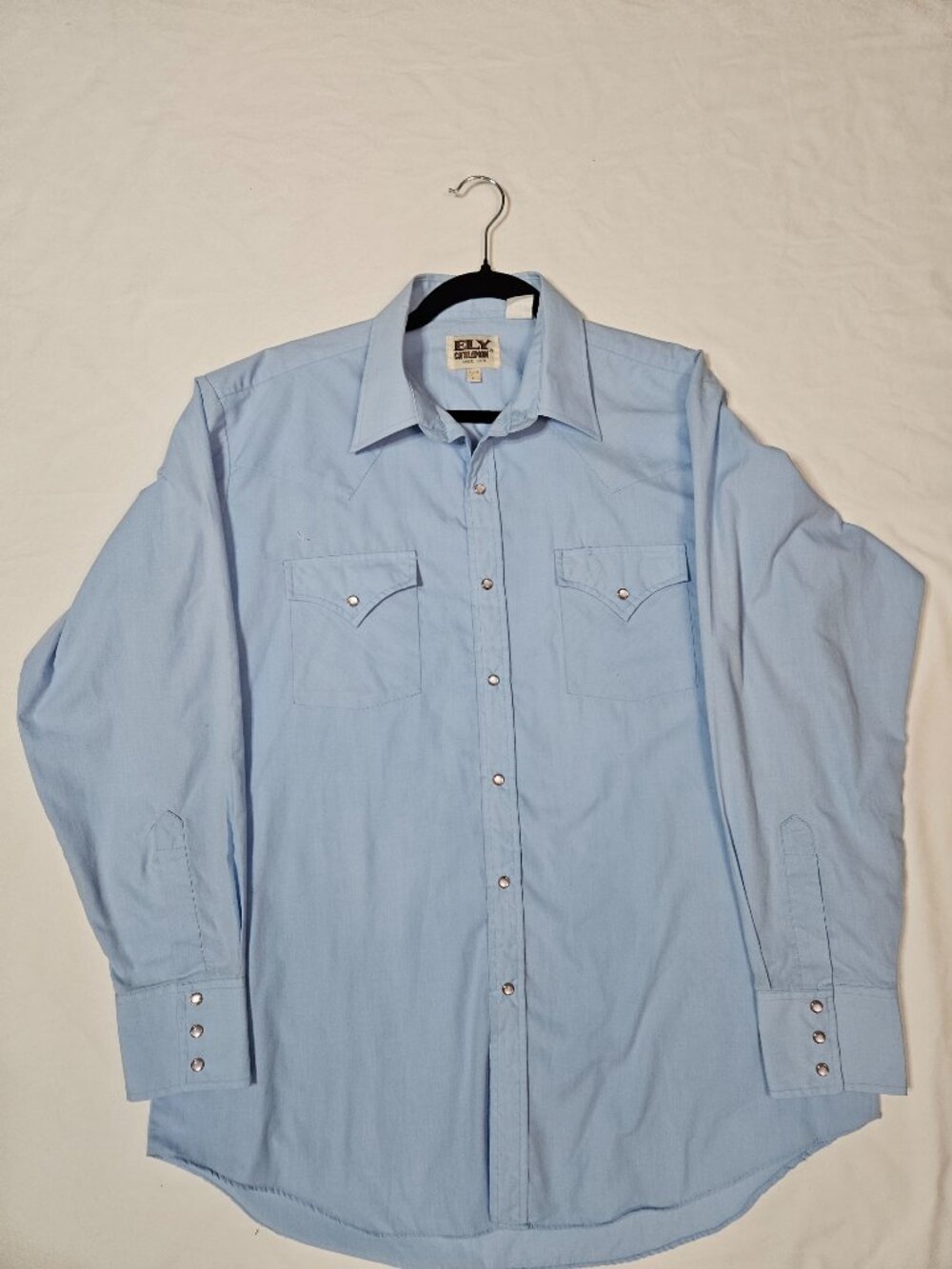 Vintage ELY Cattleman Pearl Snap Shirt Mens L 16.5x34 Baby Blue Western Cowboy